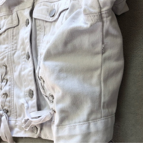 Guess White Crop Denim Jacket Lace Up Accents - Picture 12 of 13